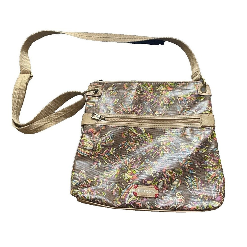 SakRoots Multicolor Bird Floral Crossbody Bag Purse Tan Adjustable Strap Brown